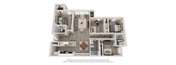 A floor plan of an apartment with a bedroom, bathroom, kitchen, and living room