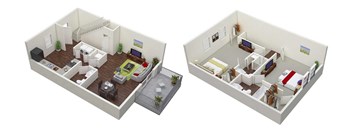 a floor plan of a home with two floors; two bedrooms, 2.5 baths and a living room at Stonewater Apartments, Louisville, KY