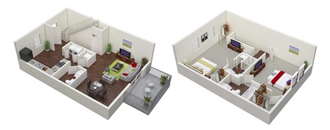a floor plan of a home with two floors; two bedrooms, 2.5 baths and a living room at Stonewater Apartments, Louisville, KY