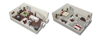a floor plan of a home with two floors; two bedrooms, 2.5 baths and a living room at Stonewater Apartments, Louisville, KY