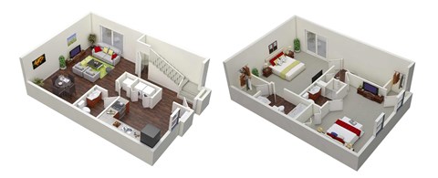 a floor plan of a home with two floors; two bedrooms, 2.5 baths and a living room at Stonewater Apartments, Louisville, KY