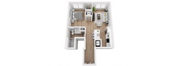 a stylized floor plan with a bedroom and a living room