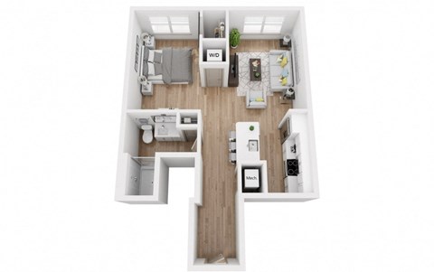 a stylized floor plan with a bedroom and a living room
