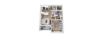 a stylized floor plan with a bedroom and a living room