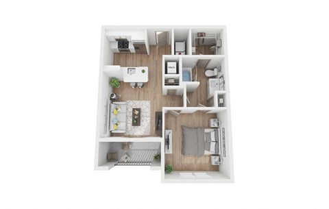 a stylized floor plan with a bedroom and a living room