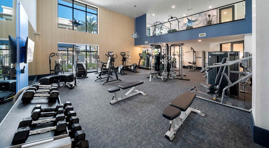 a gym with weights and cardio equipment in a building with large windows