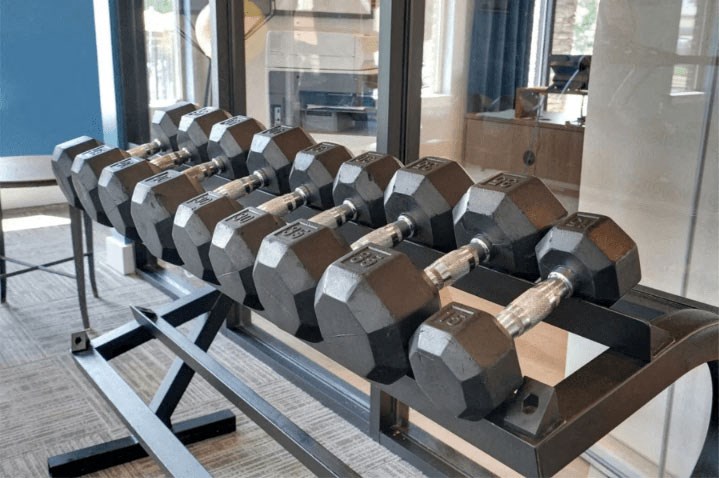 a row of weights in a gym at Enclave at Breckenridge Apartments, Kentucky