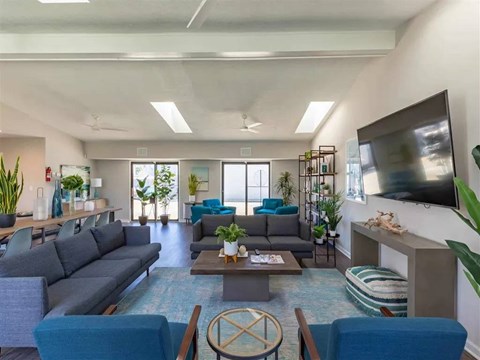 A living room with a grey sofa, blue chairs, and a television on the wall.