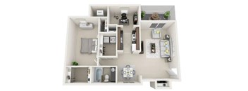 A top-down view of a small apartment with a kitchen, living room, and bedroom.