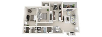 A top-down view of a small apartment layout with labeled rooms.