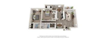 A 3D floor plan of a house with a kitchen, living room, and bathrooms.