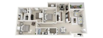 A top-down view of a house layout with a kitchen, living room, and bathroom.