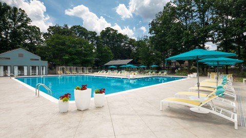 A large swimming pool surrounded by trees and a building.
