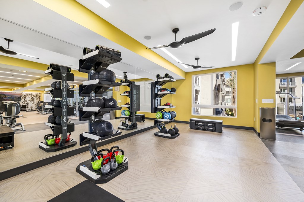 a gym with weights and cardio equipment on the floor and a large window