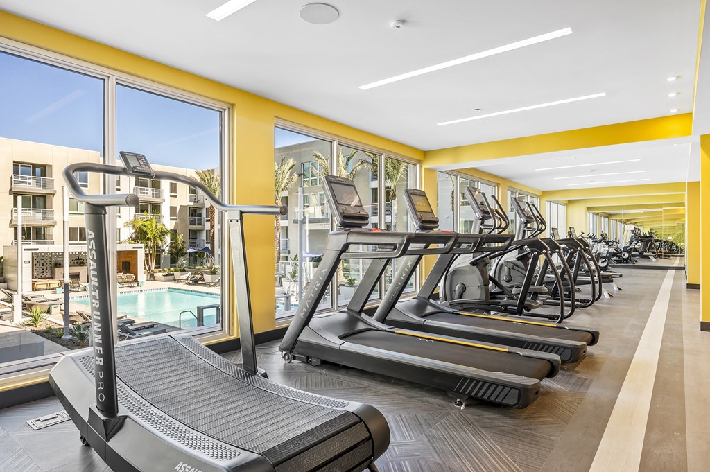 a row of treadmills in a gym with a swimming pool