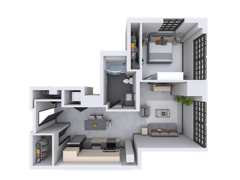 a floor plan of a house with a balcony and a living room with a fireplace