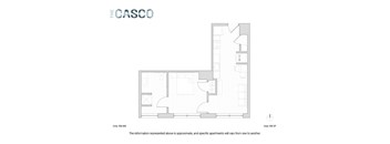 A floor plan for an apartment complex called The Casco shows a single apartment with a living room, kitchen, bedroom, and bathroom.