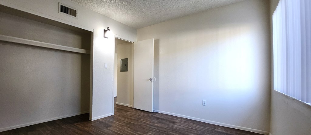 a bedroom with a large closet and a window