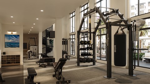 A gym with a variety of equipment including a box, a bench, and a rack of weights.