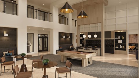 A modern living room with a pool table and a bar area.