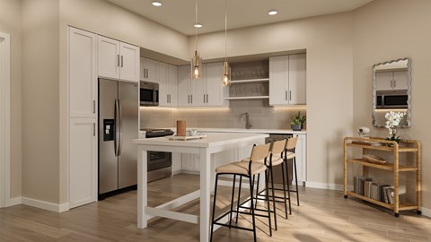 A modern kitchen with a white table and chairs.