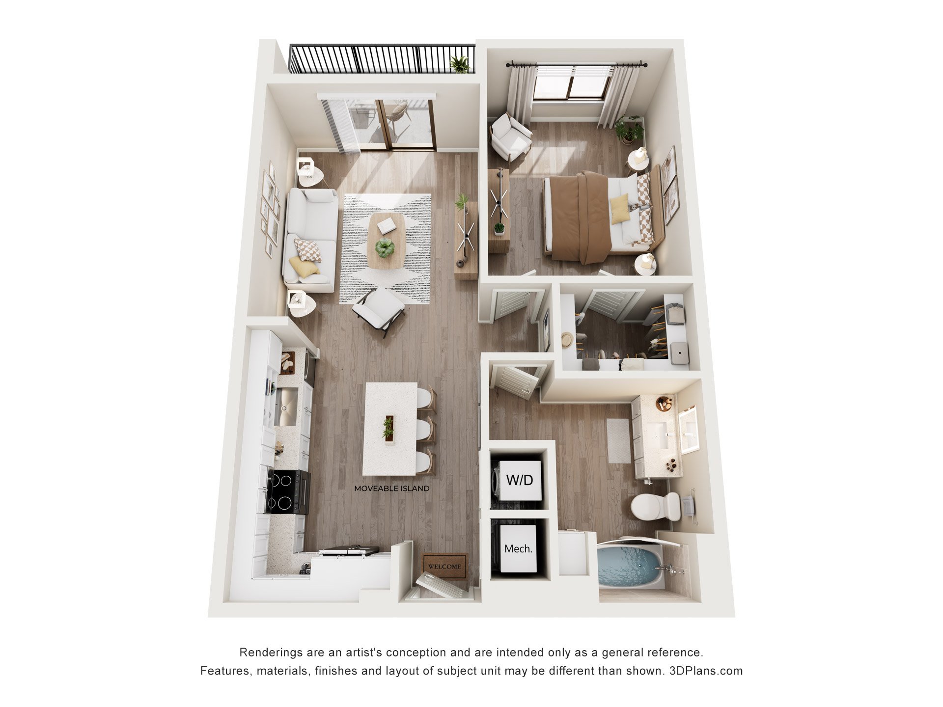 A 3D floor plan of a house with a kitchen, living room, dining room, and bathroom.