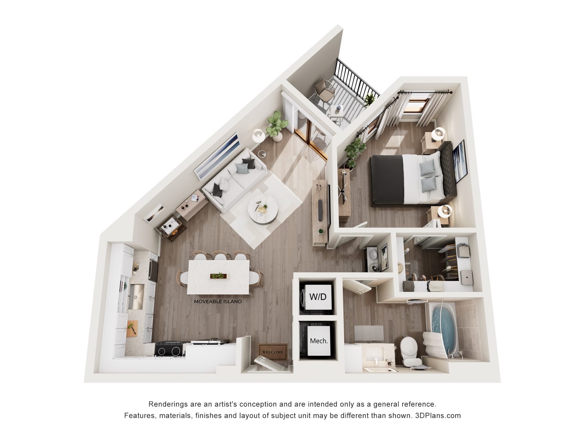 A 3D floor plan of a house with a kitchen, living room, and bathroom.