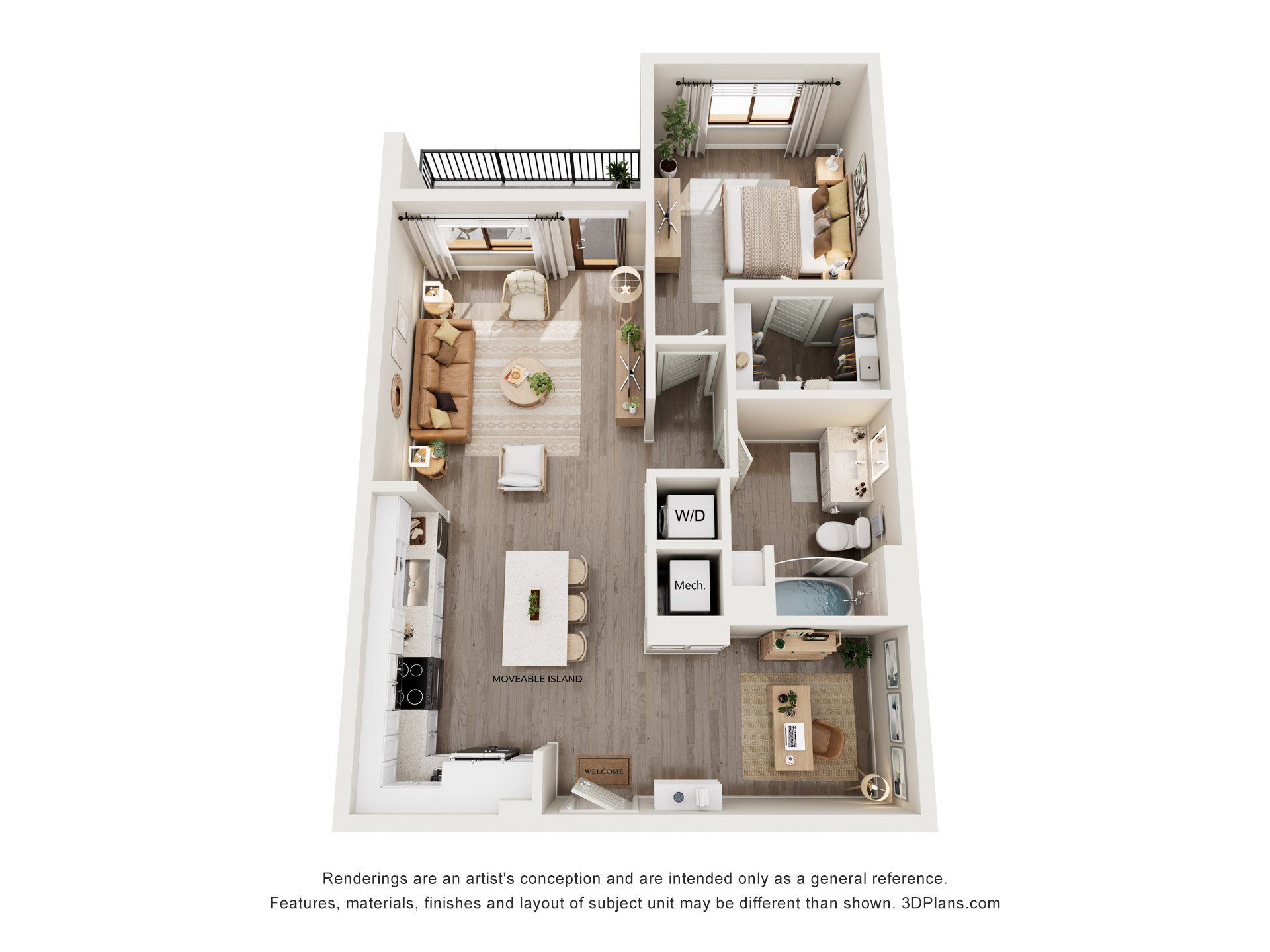 A 3D floor plan of a house with a kitchen, living room, and bathroom.