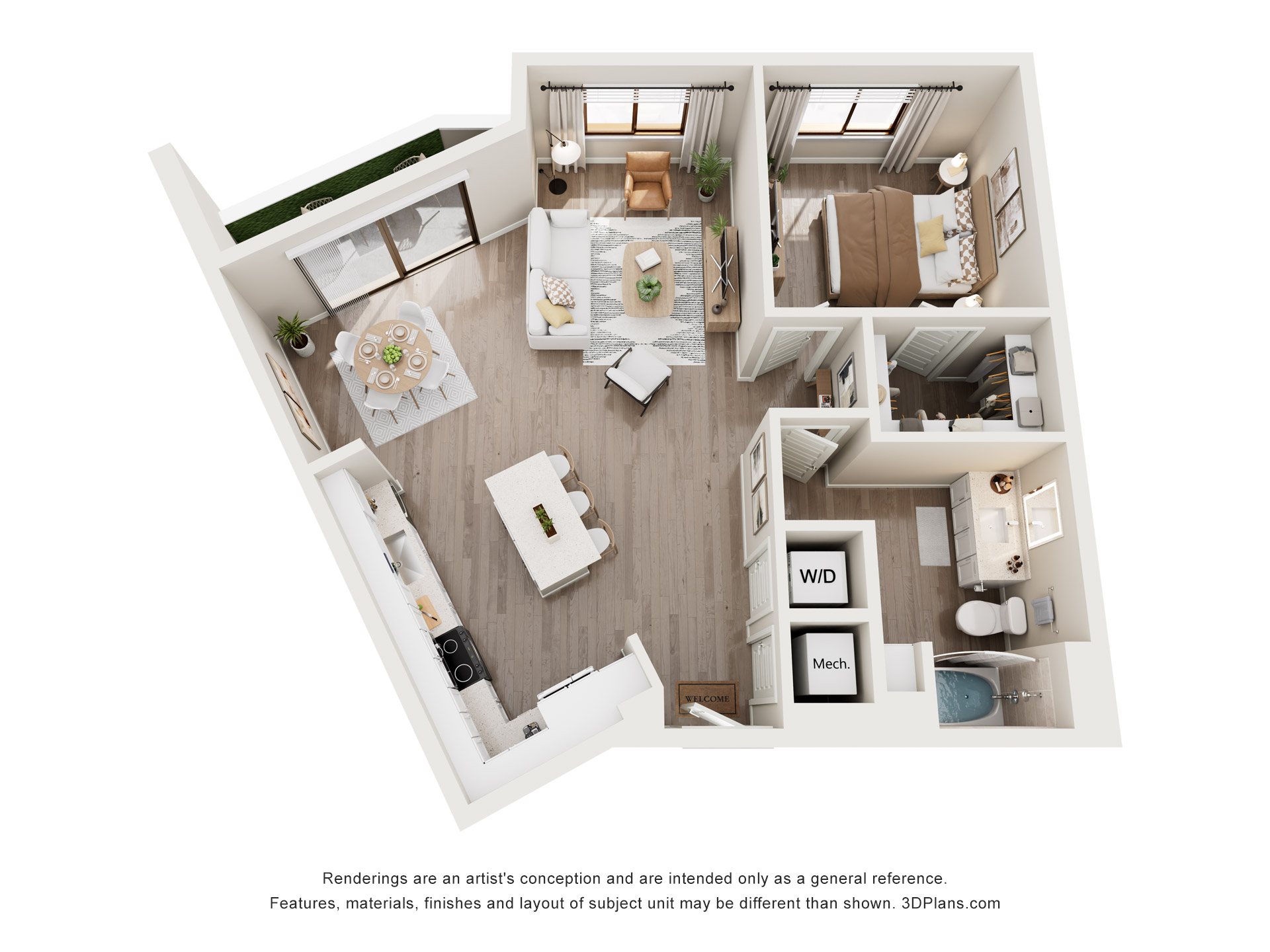 A 3D floor plan of a house with a kitchen, living room, and two bedrooms.