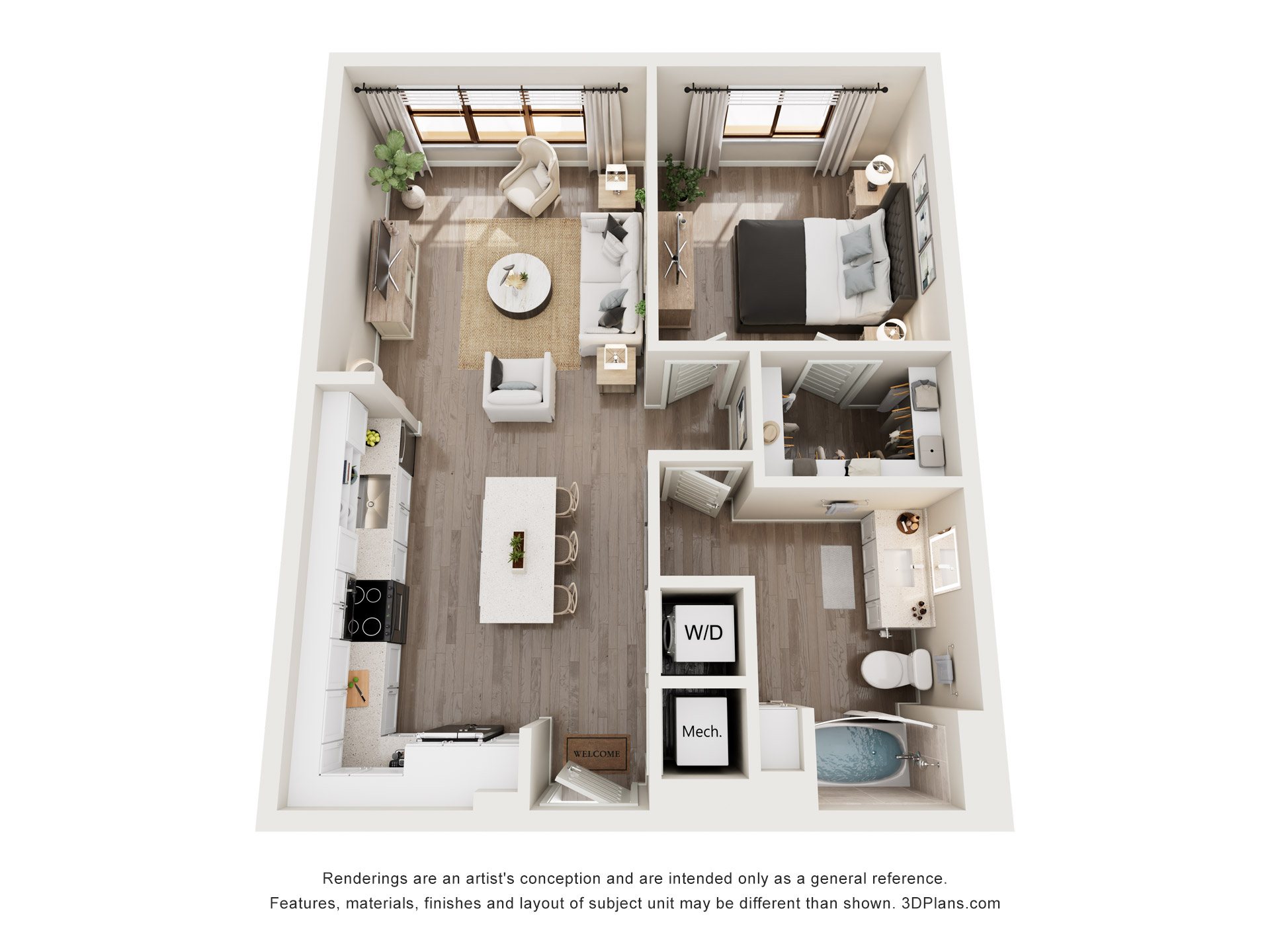 A 3D floor plan of a small apartment with a kitchen, living room, and bathroom.