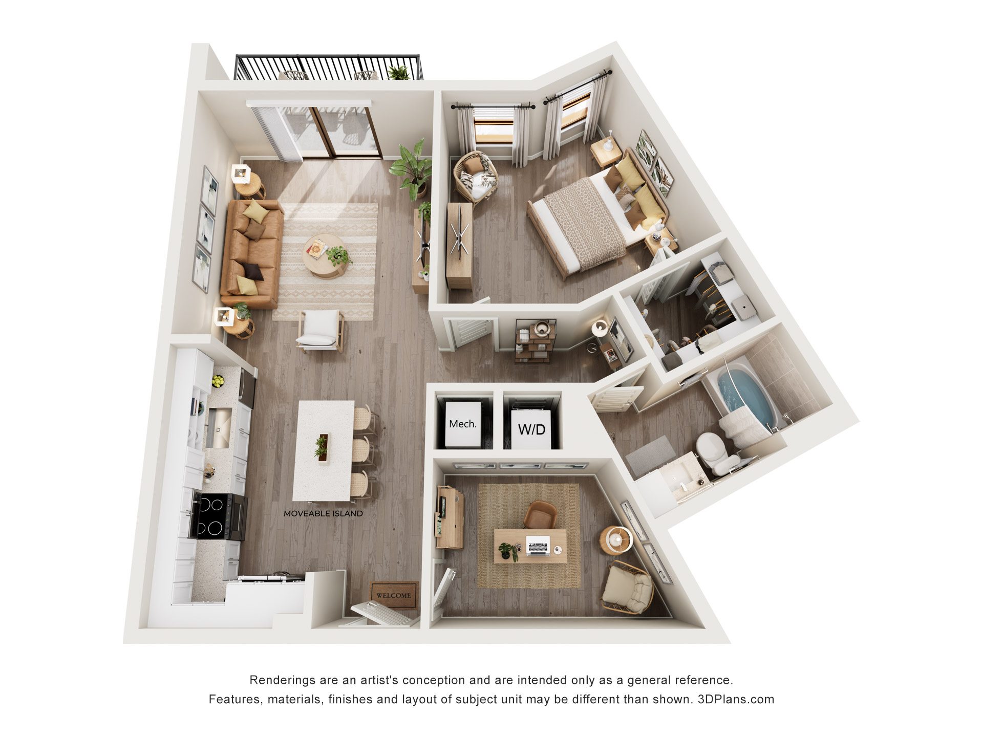 A 3D floor plan of a house with a kitchen, living room, and two bedrooms.