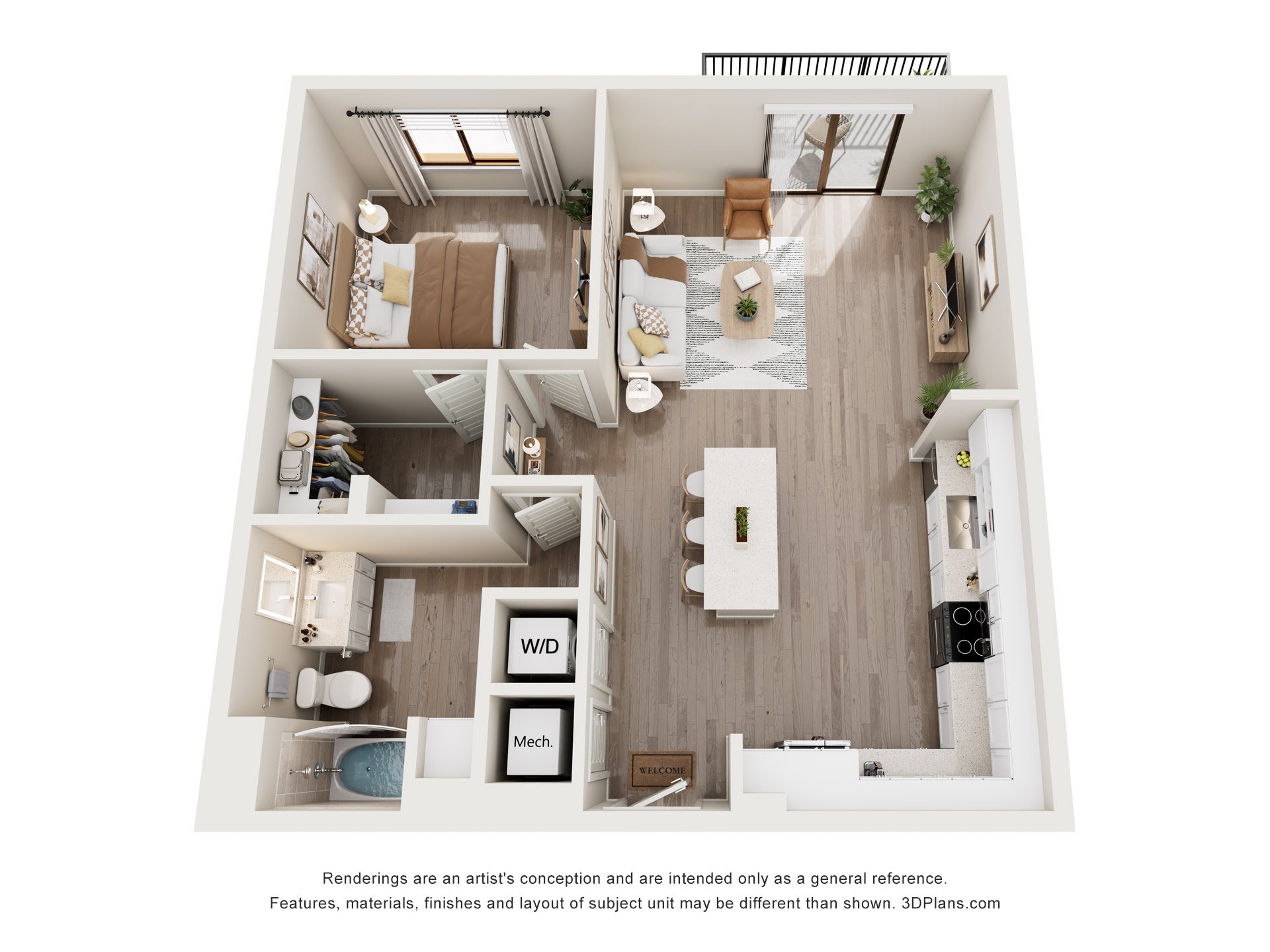 A 3D floor plan of a small apartment with a kitchen, living room, and bathroom.