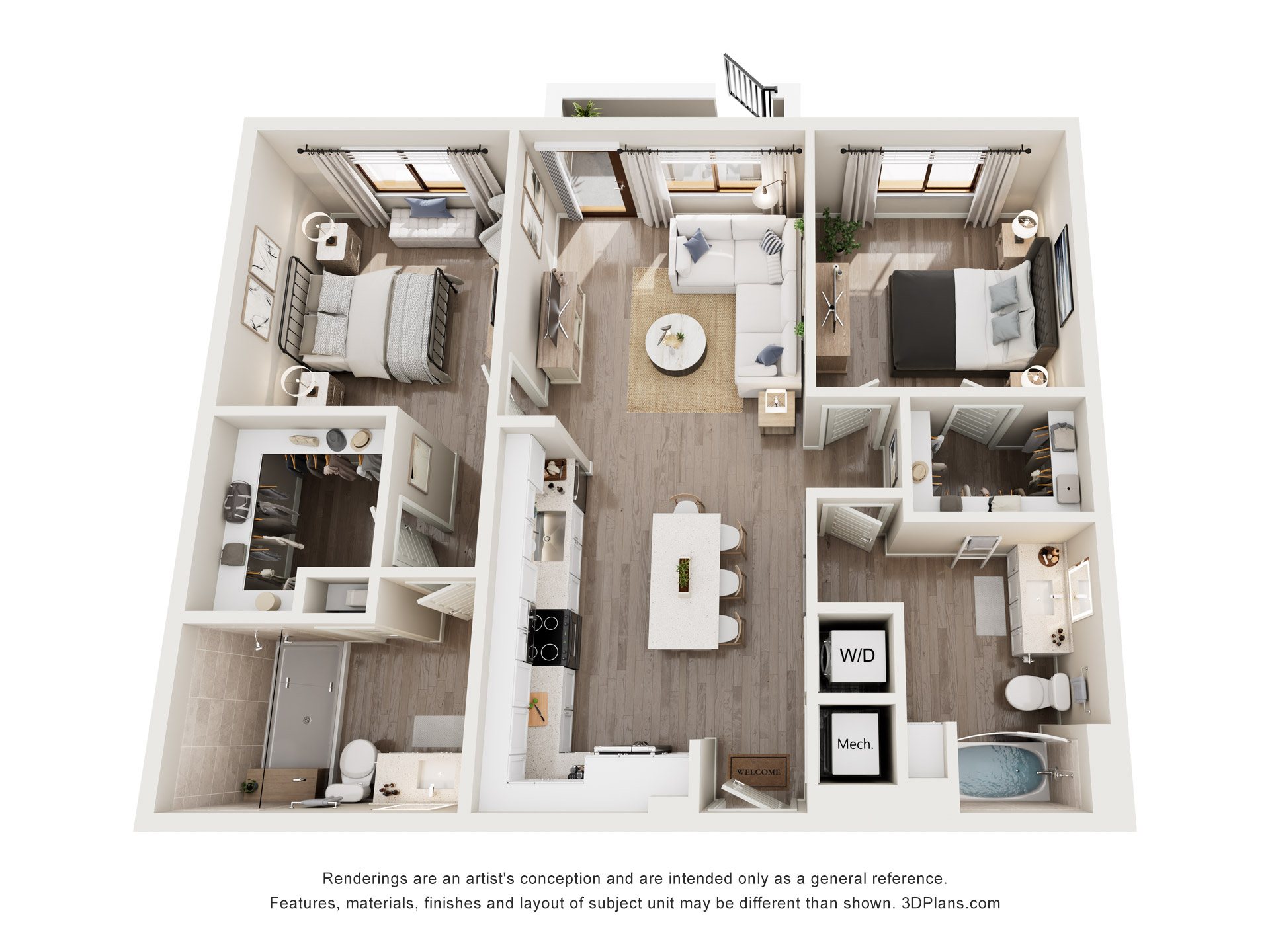 A 3D floor plan of a house with a kitchen, living room, and two bedrooms.