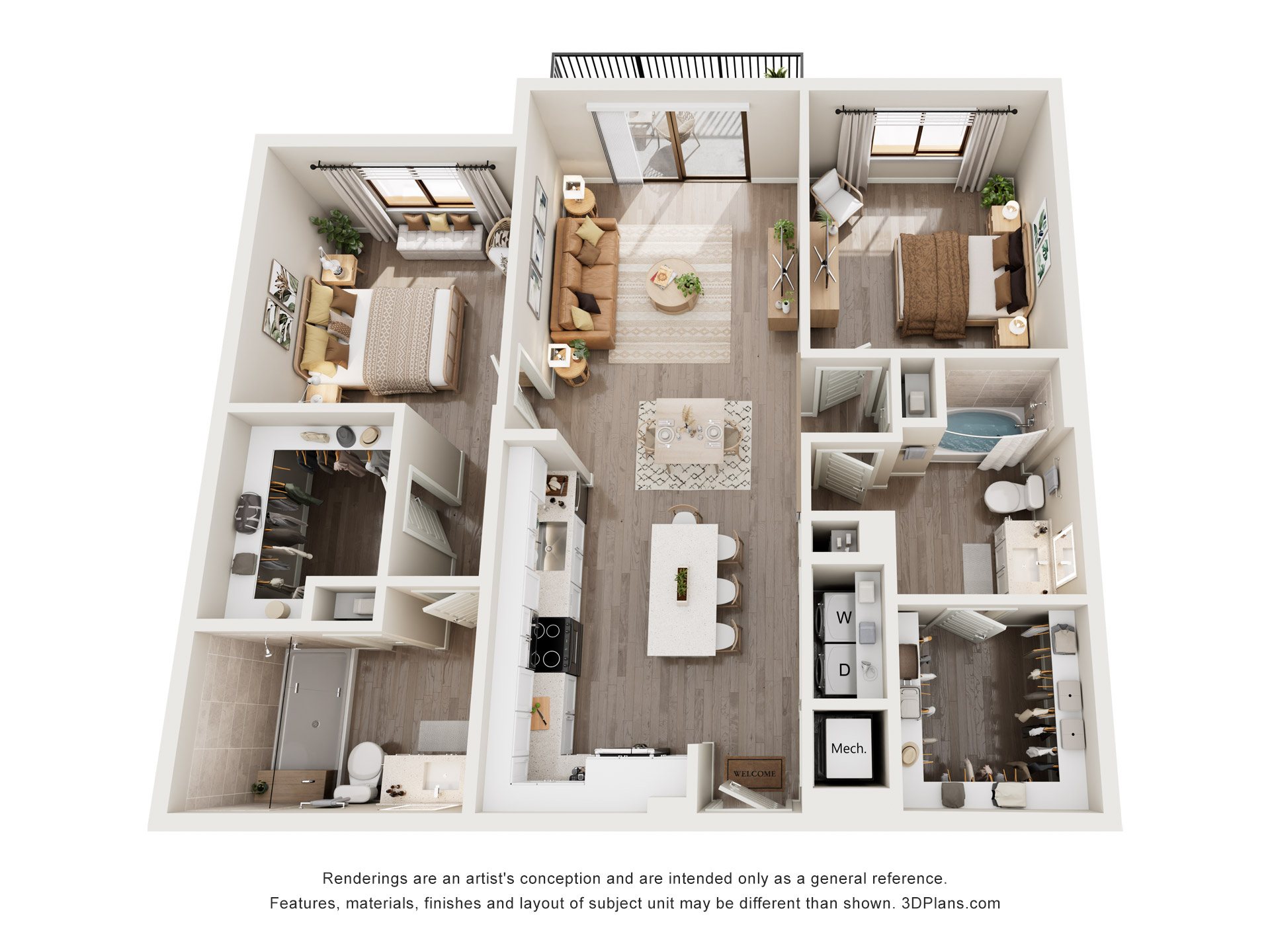 A 3D floor plan of a small apartment with a kitchen, living room, and bedrooms.