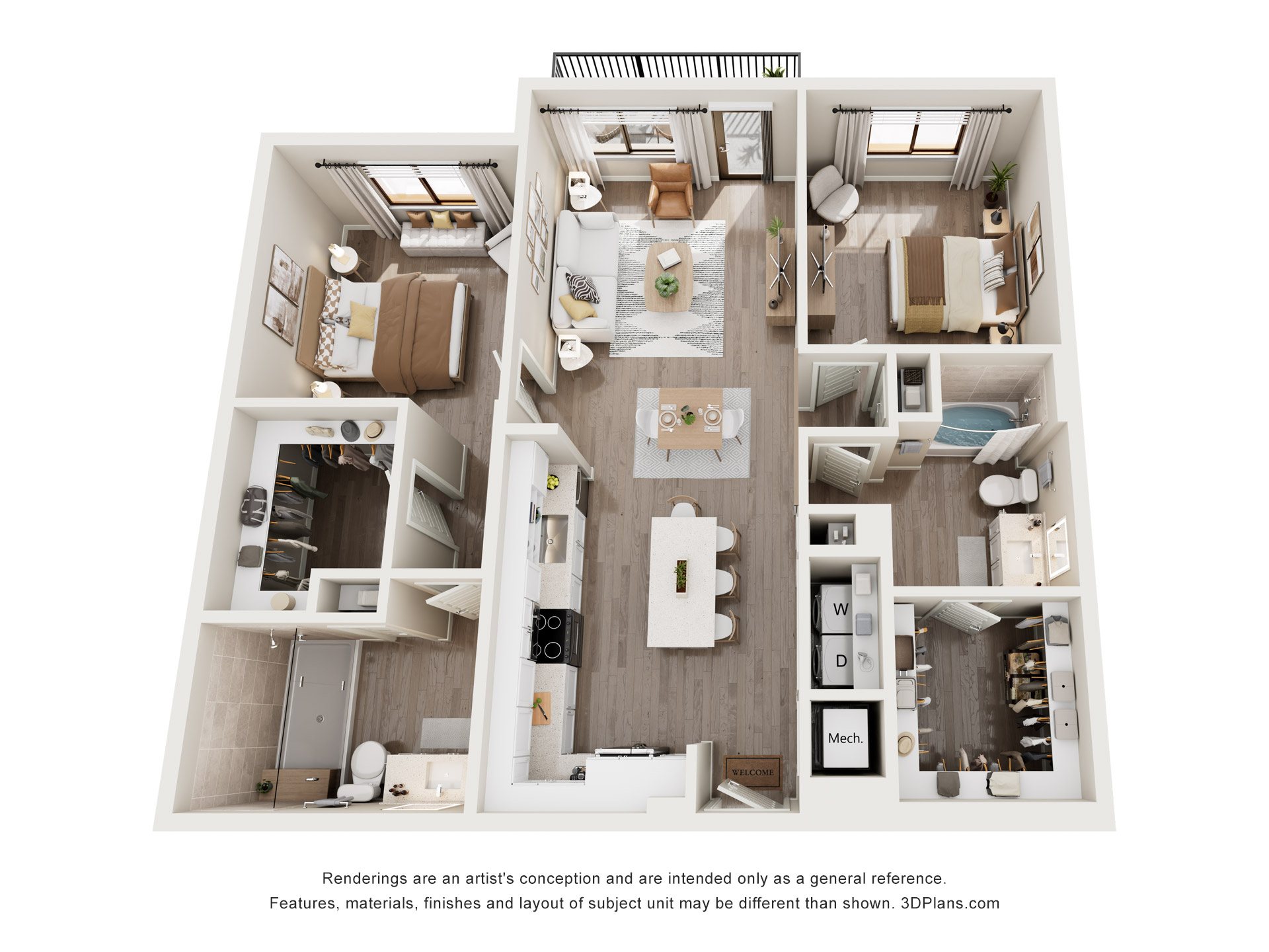A 3D floor plan of a house with a kitchen, living room, and two bedrooms.