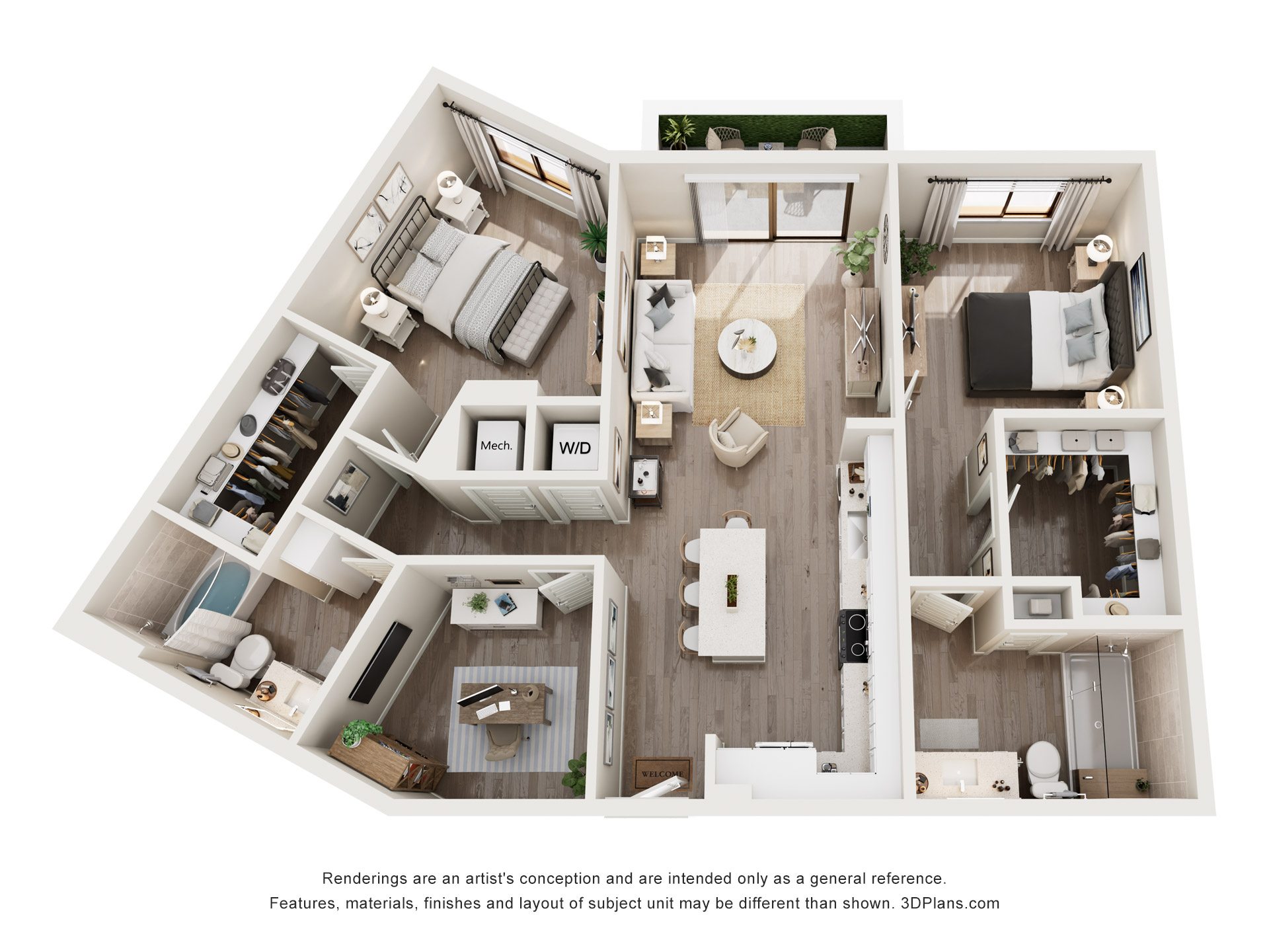 A 3D floor plan of a small apartment with a kitchen, living room, and bathroom.