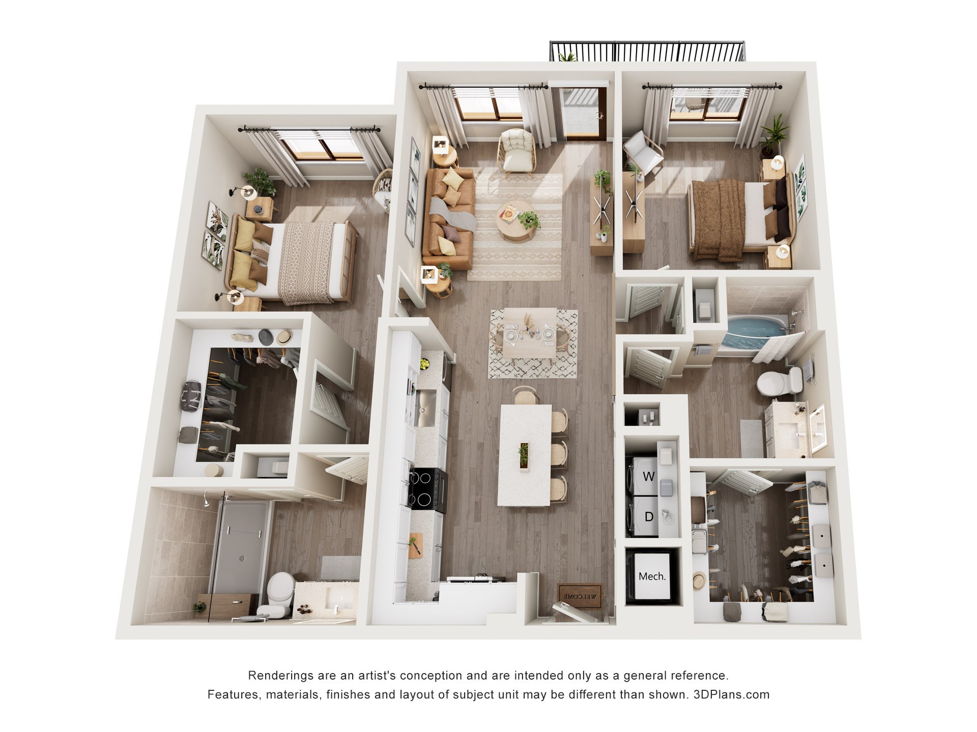 A 3D floor plan of a small apartment with a kitchen, living room, and bathroom.