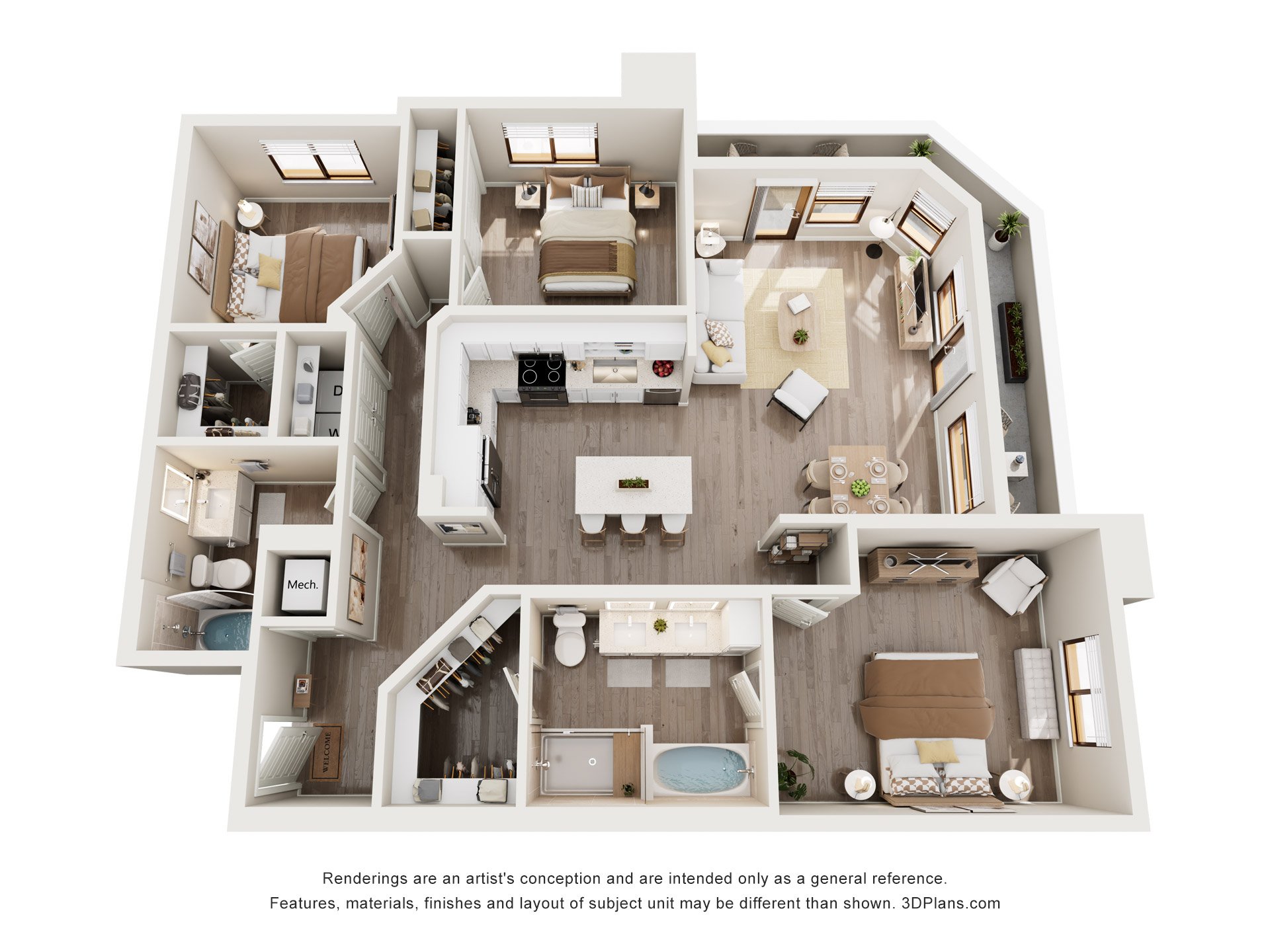 A 3D floor plan of a house with multiple rooms and furniture.