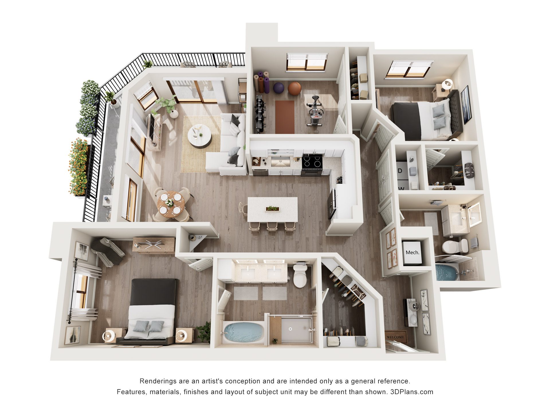 A 3D floor plan of a house with a kitchen, living room, and bathrooms.