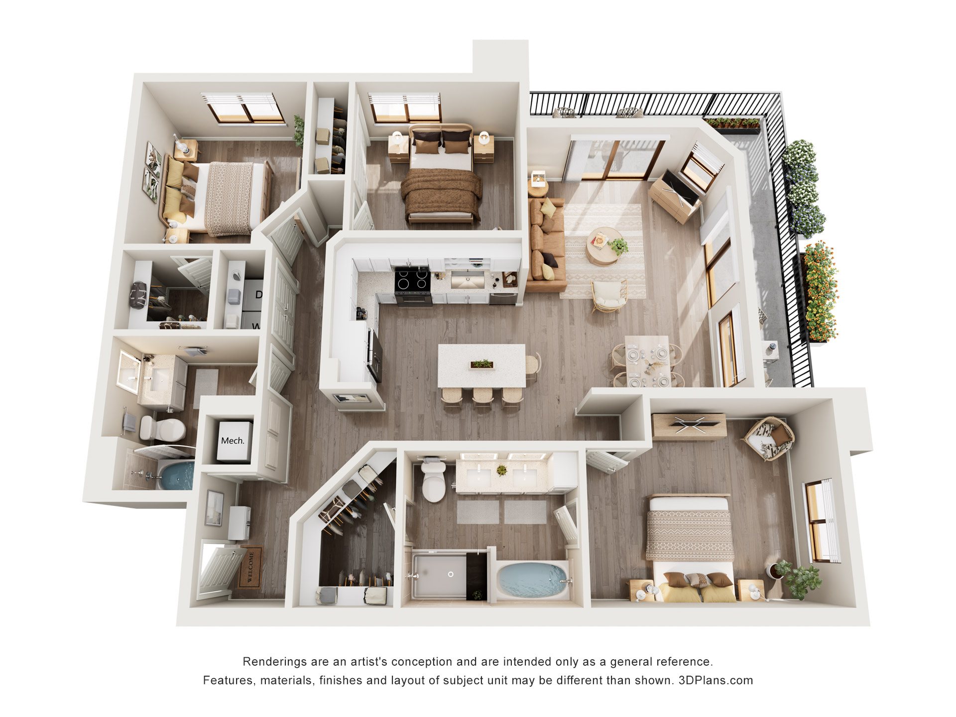 A 3D floor plan of a house with a kitchen, living room, and bathrooms.