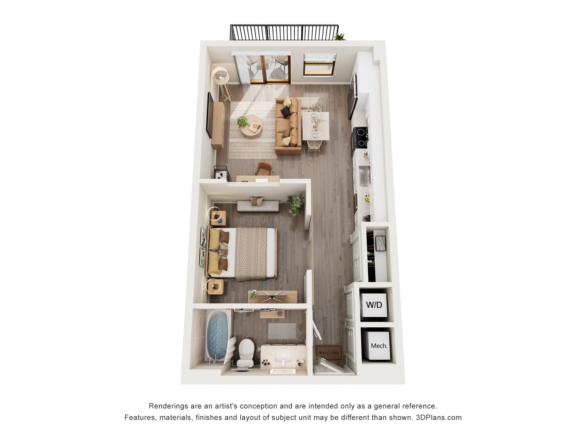 A 3D floor plan of a small apartment with a kitchen, living room, and bathroom.