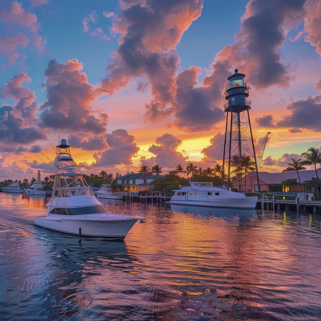 A boat is docked near a lighthouse on a calm body of water at Mayla Pompano, Pompano Beach, 33062