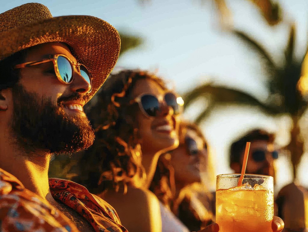 A man in a straw hat and sunglasses holds a drink in front of a group of people at Mayla Pompano, Pompano Beach, FL