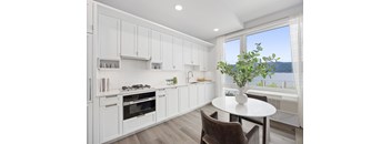 A kitchen with white cabinets and a table with a plant on it.