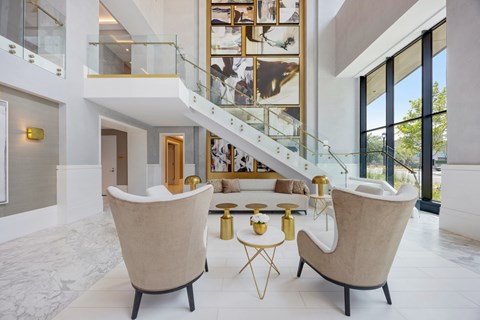 Lobby with Two beige chairs at Hudson Piers, Yonkers, NY 10701