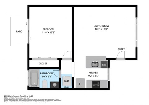 1 Bed 1 Bath Floor Plan at Charle Square Apartments, Costa Mesa, California