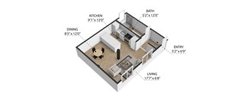 A diagram of a small apartment layout with a living room, kitchen, dining room, and bathroom.