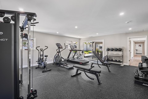 A well-equipped gym with a variety of exercise machines.