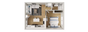 A top-down view of a modern bedroom with a bed, nightstand, and a couch.