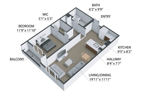 1 Bedroom 1 Bath Floor Plan at The Reserve La Mirada, La Mirada, California